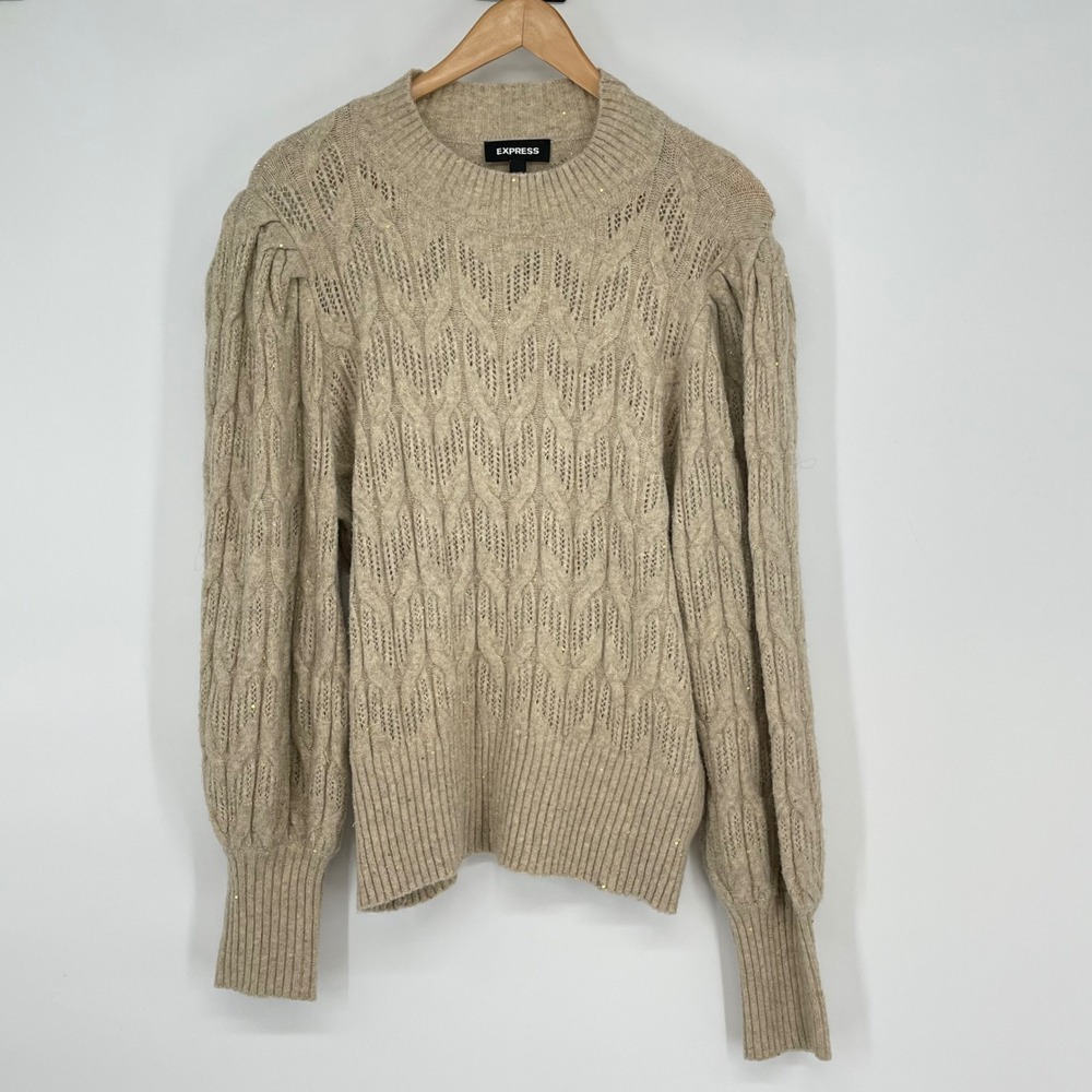 Express Wool Blend Gold Sequin Sparkle Knit Puff Sleeve Sweater Size L Holiday
